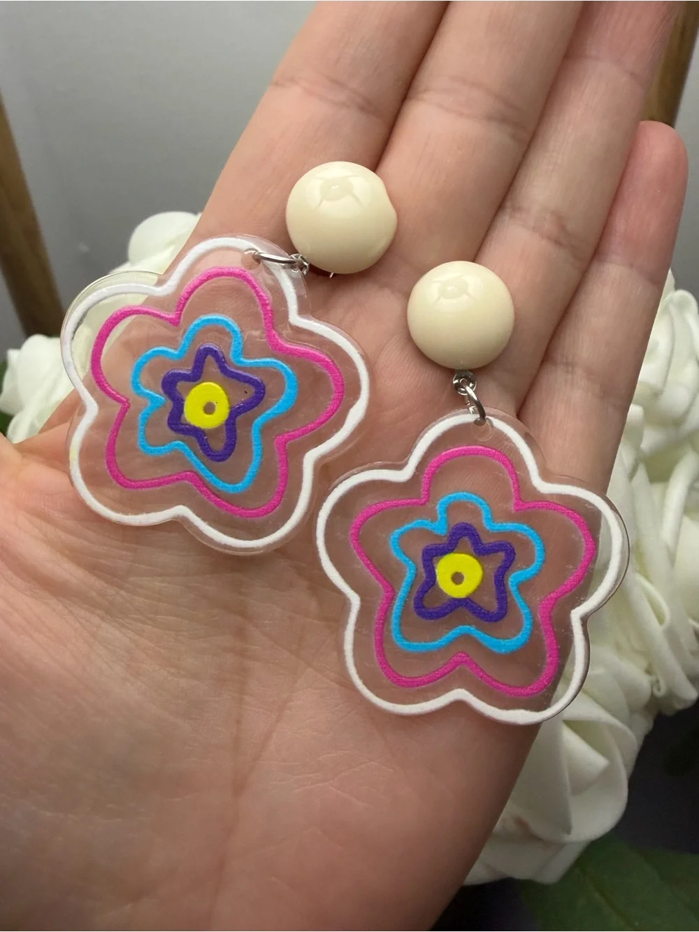 Kids Acrylic Flower Dangle Earrings in Cream and Multi-Color